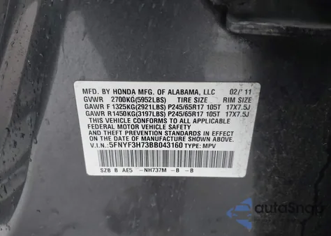 2011 Honda Pilot Ex-L z USA, uszkodzony, nr VIN 5FNYF3H73BB043160